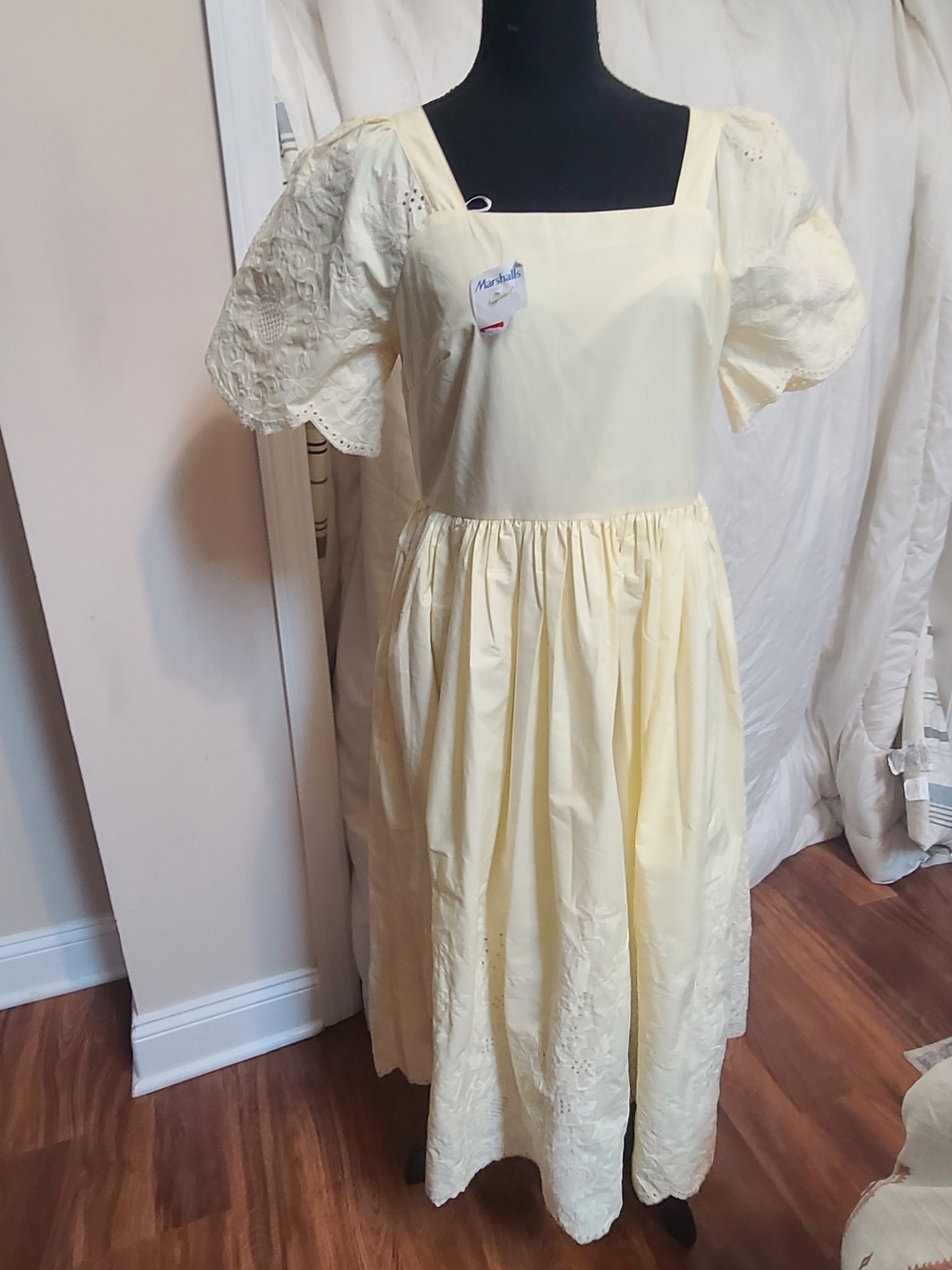 Solitaire Embroidery ButterCream Square-Neck Cotton Midi Dress with Smocked Back